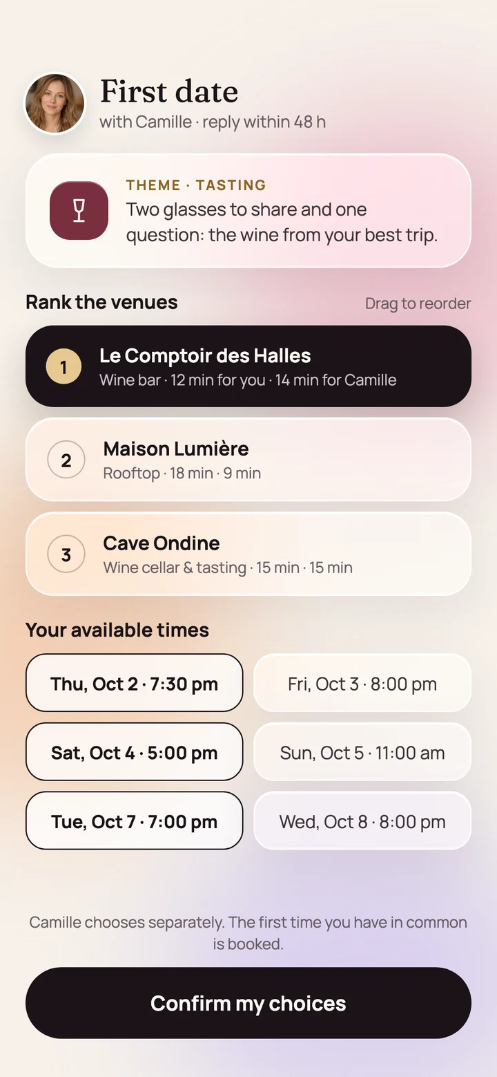 The date proposal screen: three venues to rank and the available time slots