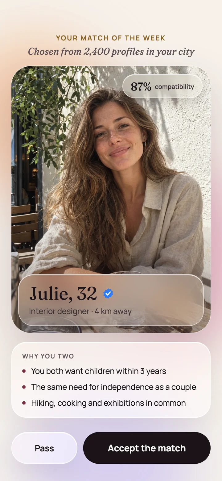 The match of the week screen: Julie, 87% compatibility