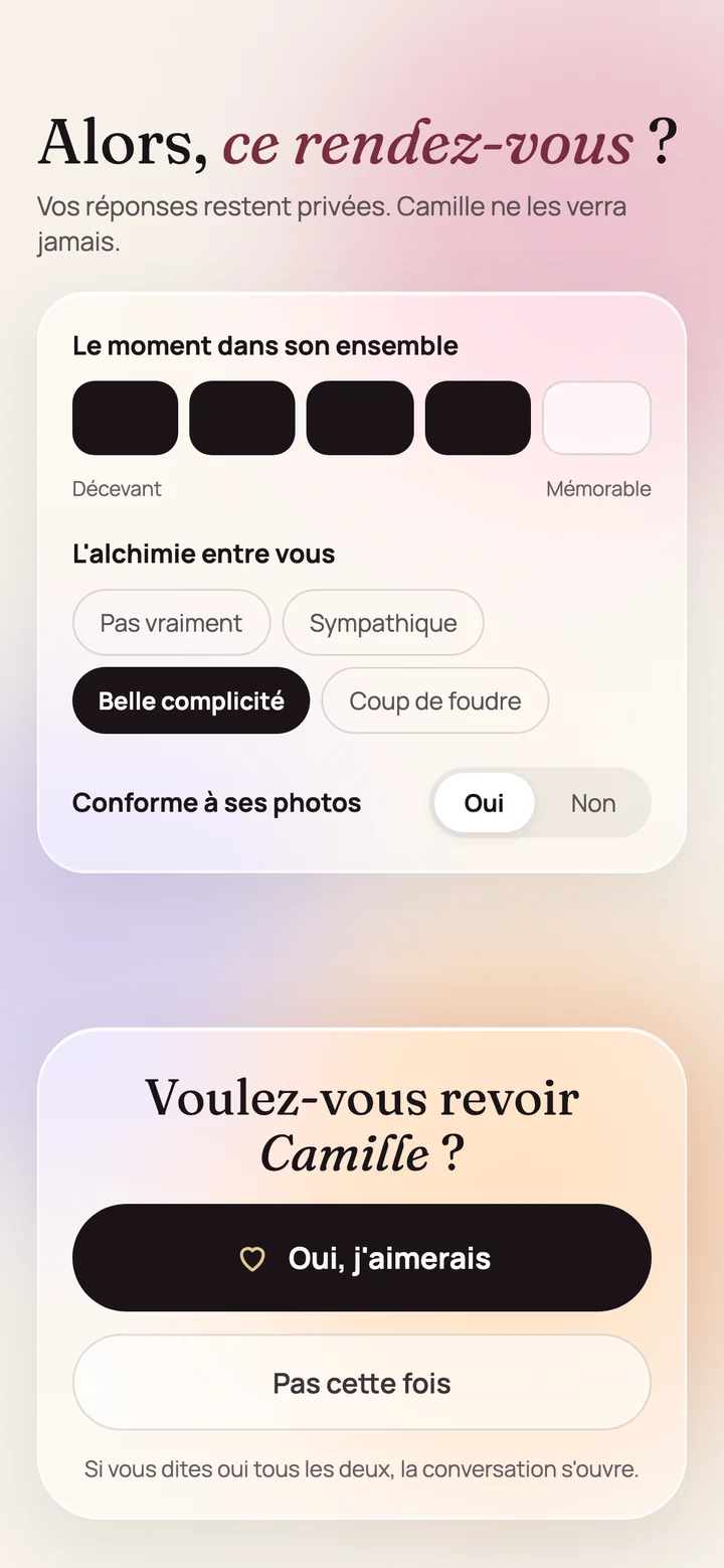 Écran du retour après le rendez-vous : voulez-vous revoir Camille ?